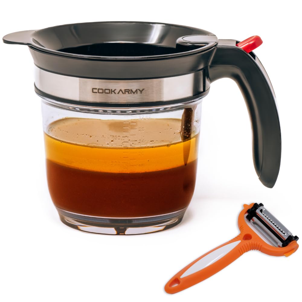 Cook Army fat separator with bottom release for easy grease separation in sauces