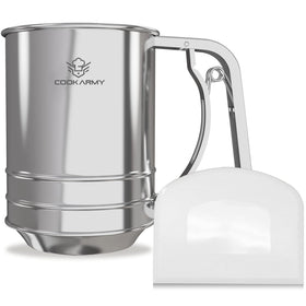 Cook Army Flour Sifter 3 Cup front view in brushed stainless steel for durable baking prep