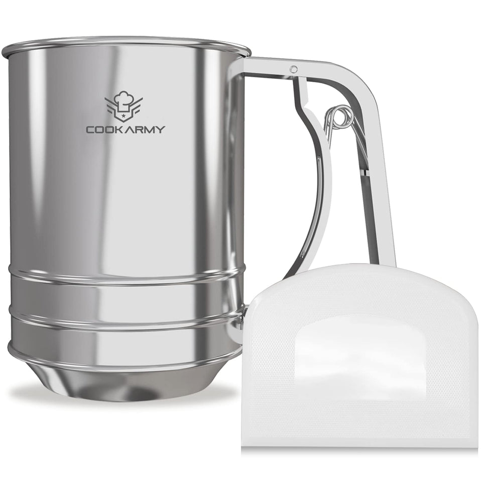 Cook Army Flour Sifter 3 Cup front view in brushed stainless steel for durable baking prep