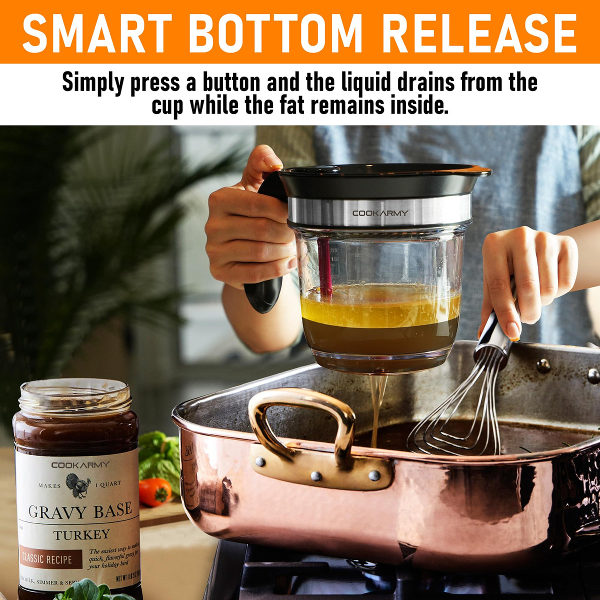 Cook Army oil separator lever enables quick-release fat removal during cooking