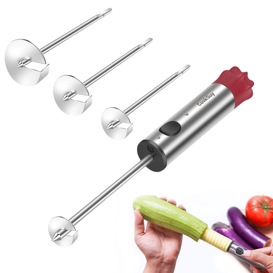 Cook Guy multi-purpose veggie drill with four sizes for hollowing vegetables.