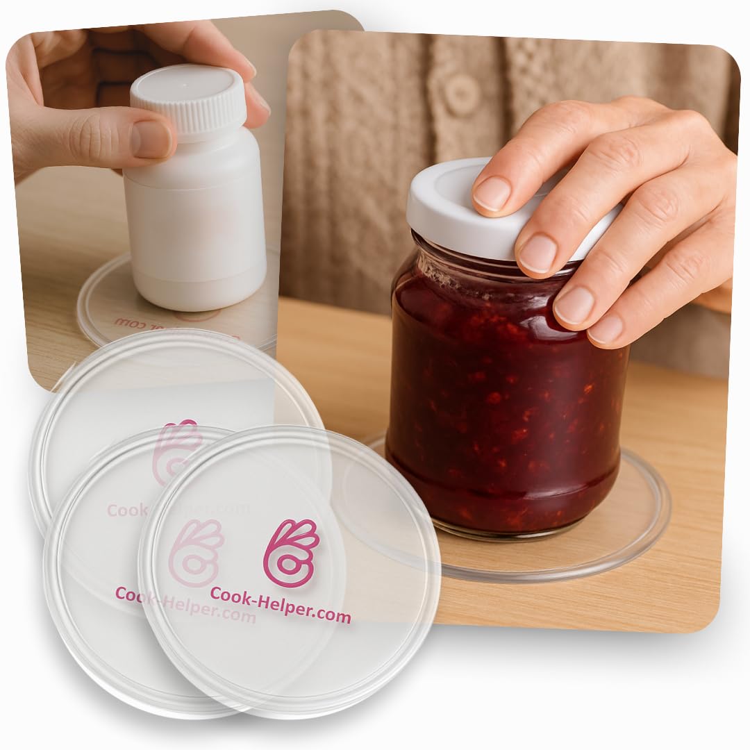Cook-Helper one-handed gadget opens a jar with a secure grip.