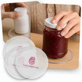 Cook-Helper one-handed gadget opens a jar with a secure grip.