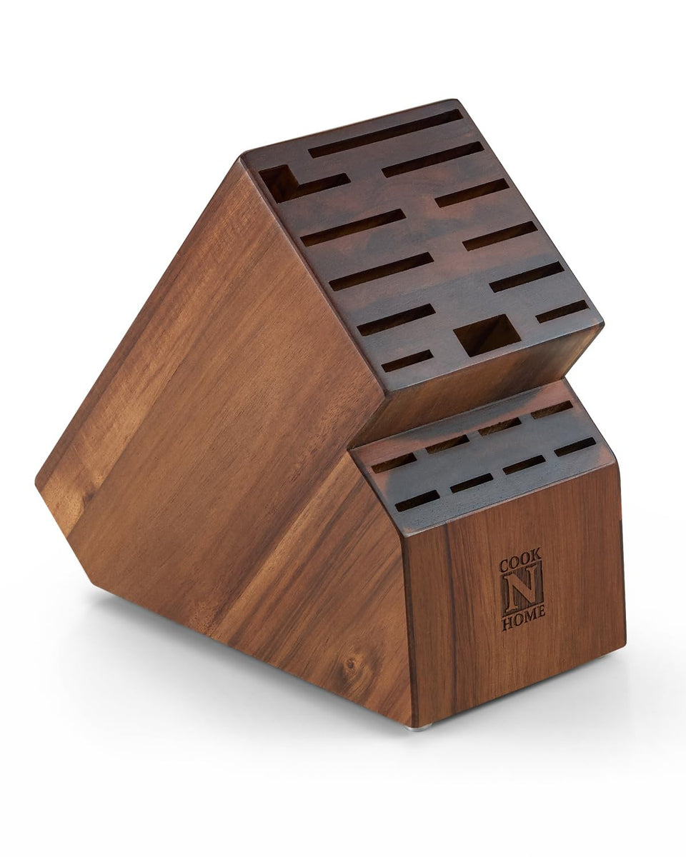 Cook N Home acacia wood knife block front view with 20 organized blade slots.