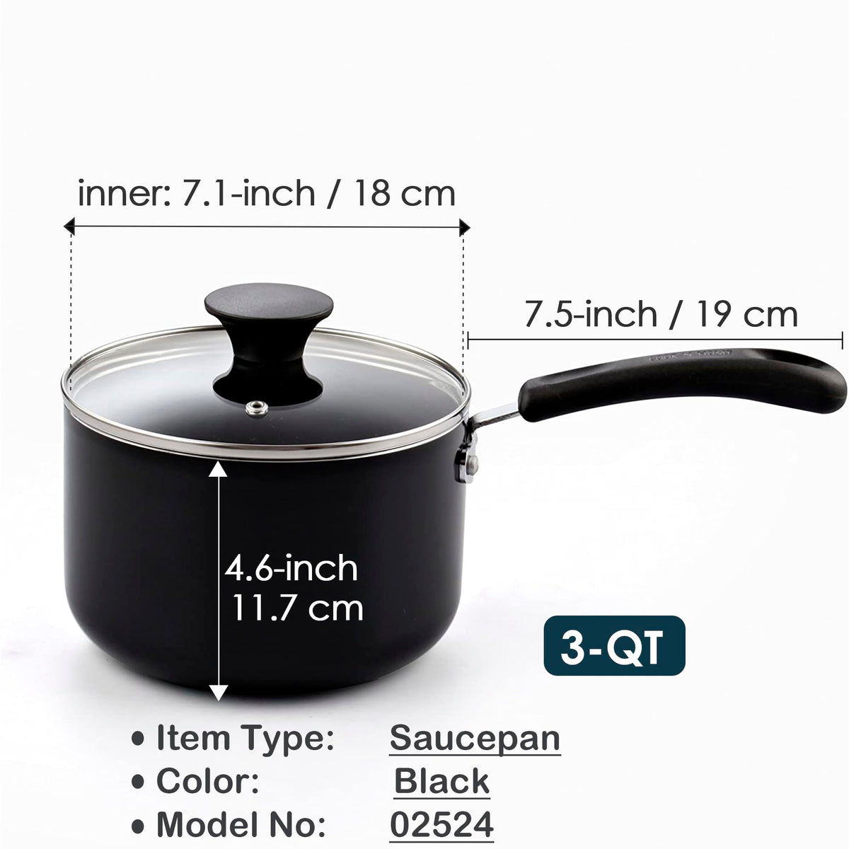 Cook N Home nonstick saucepan 3qt inside view highlights even heat distribution