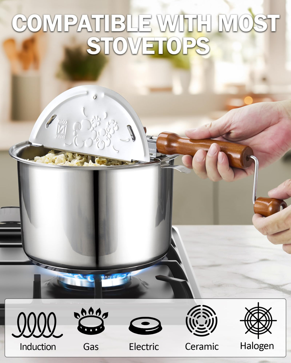 Lid with four steam ports helps popcorn become crispy and evenly cooked.