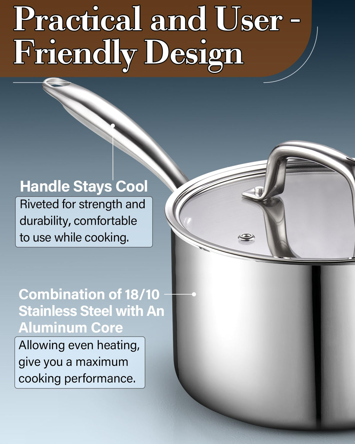 Cook N Home glass lid with steam vent prevents boil-overs.