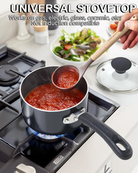 Cook N Home saucepan with handle closeup emphasizes stay-cool grip and sturdy rivets