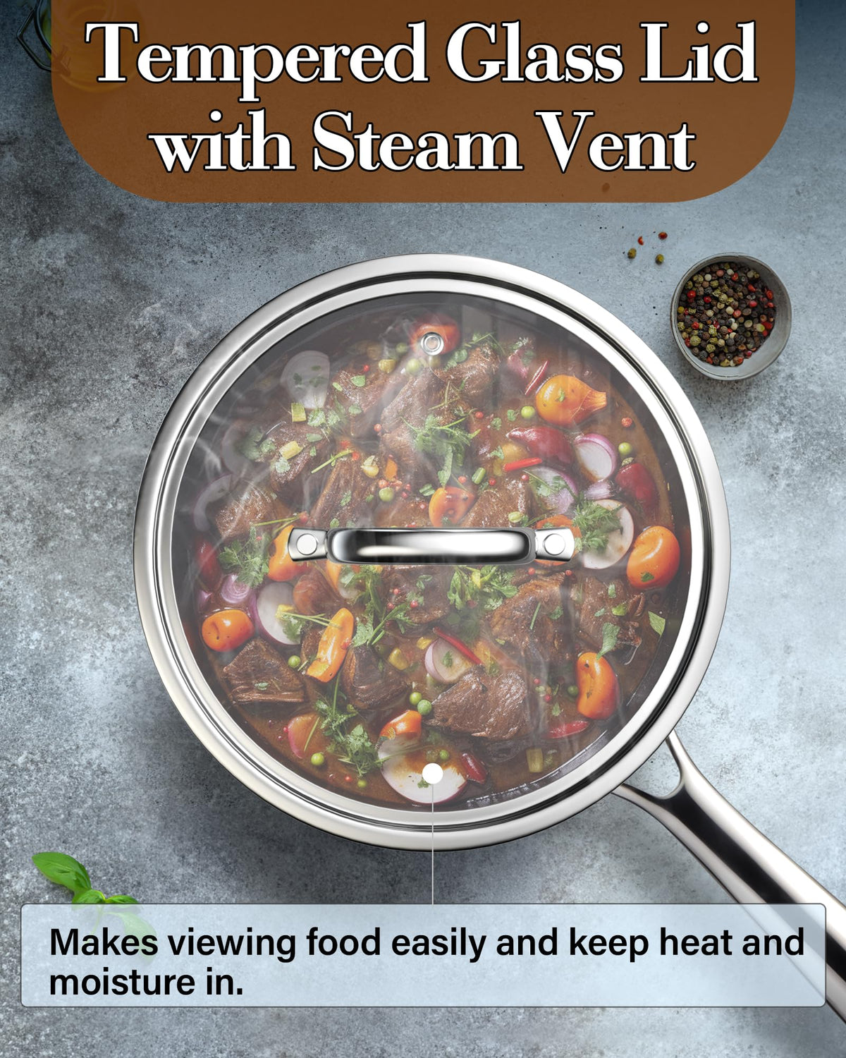 Cook N Home stay-cool riveted handles for safe grip.