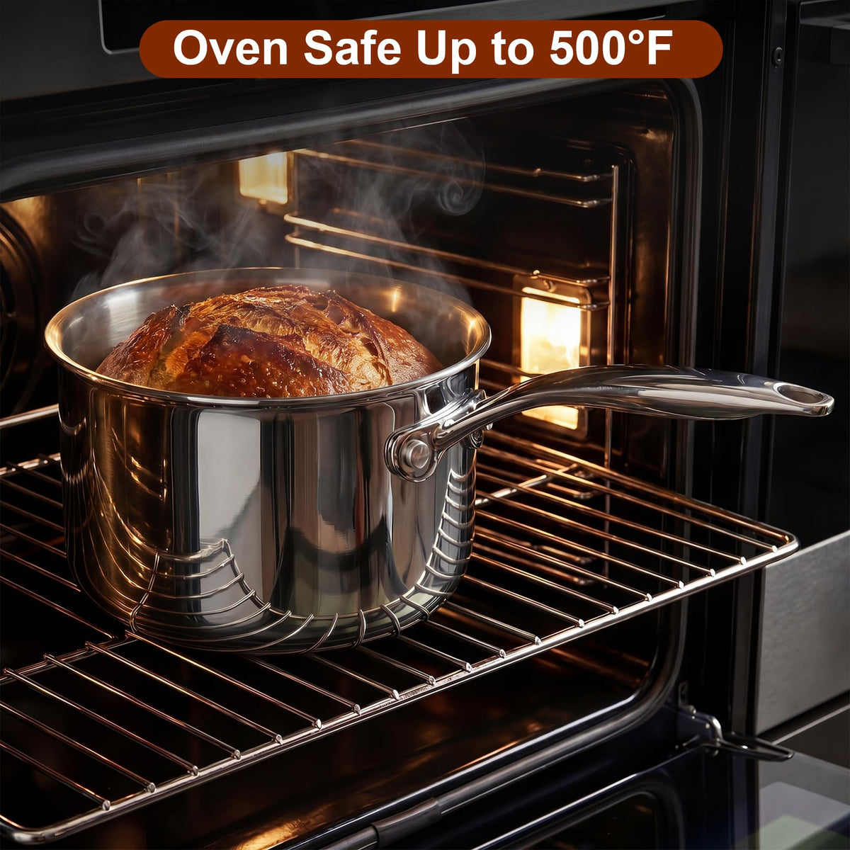 Cook N Home tri-ply full clad pan delivers steady heat.