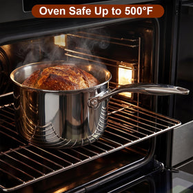 Cook N Home tri-ply full clad pan delivers steady heat.
