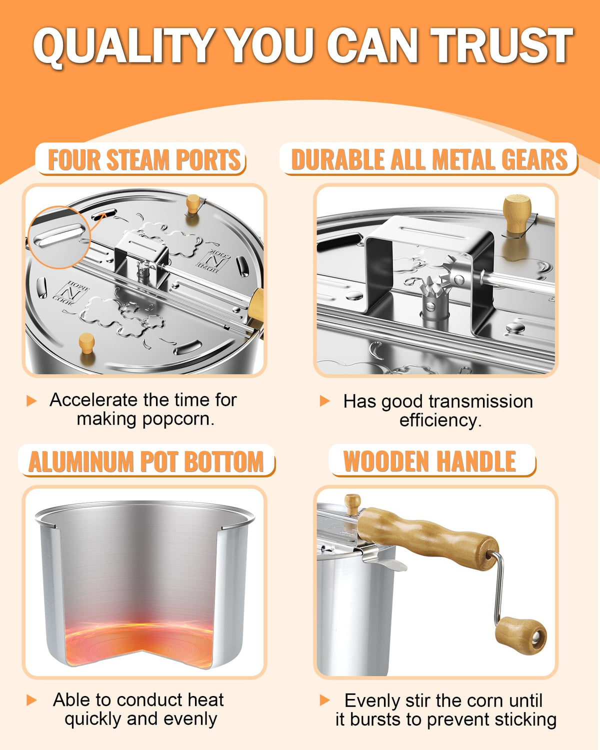 Crank handle in action on Cook N Home popcorn popper for easy stirring