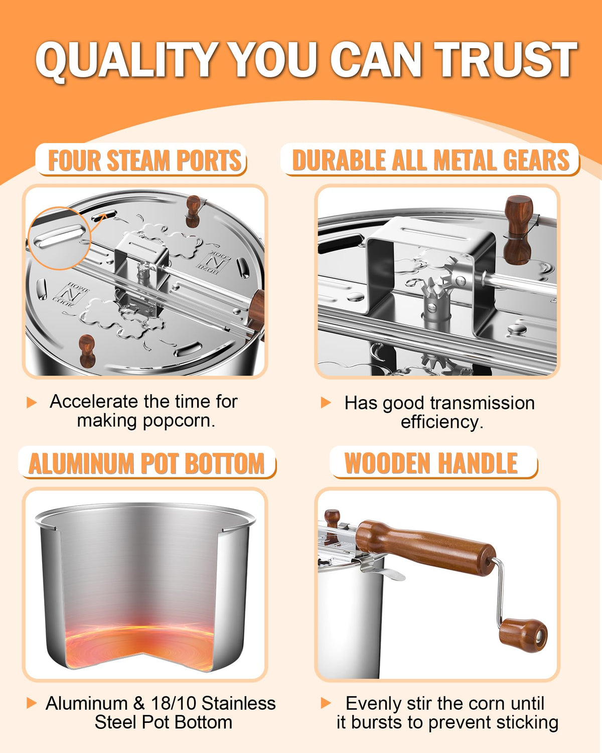 Cook N Home stainless steel popper delivers rapid, even heat for crispy kernels.