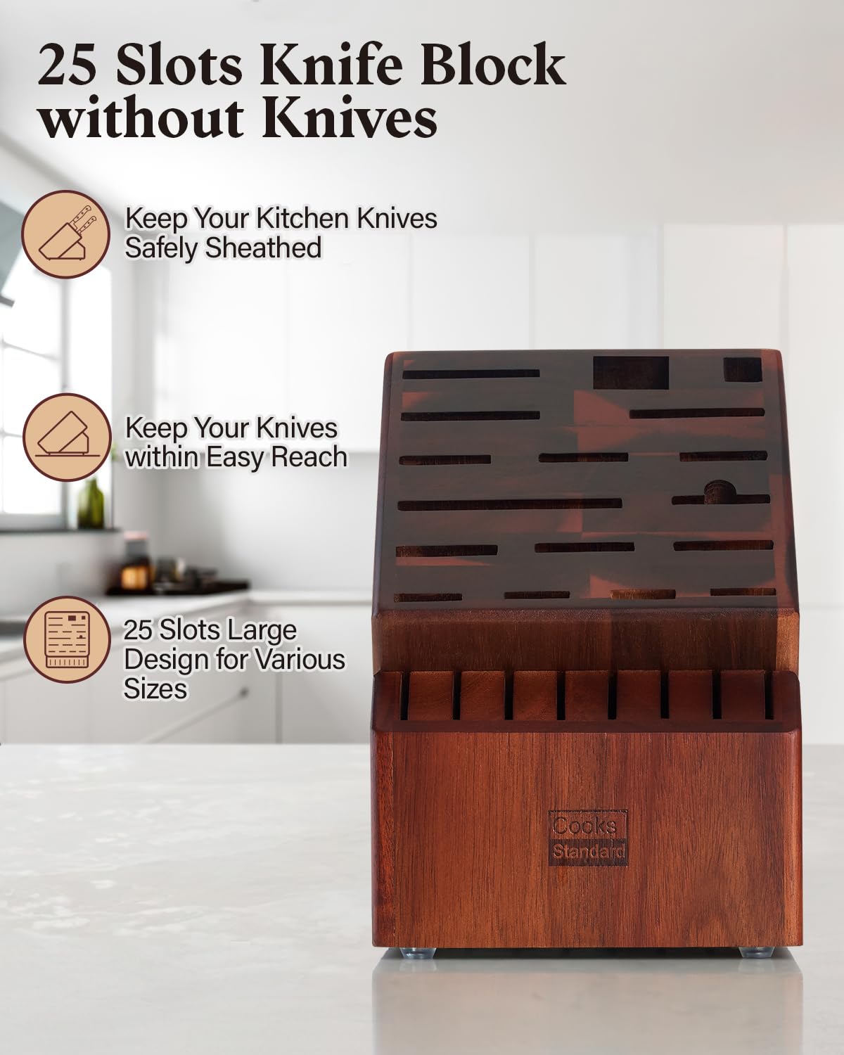 Cooks Standard Acacia knife block non-slip feet prevent wandering on counters.