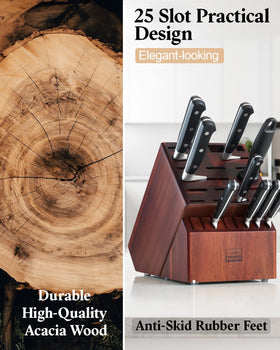 Cooks Standard Acacia knife block includes a sharpening rod slot for organized tools.