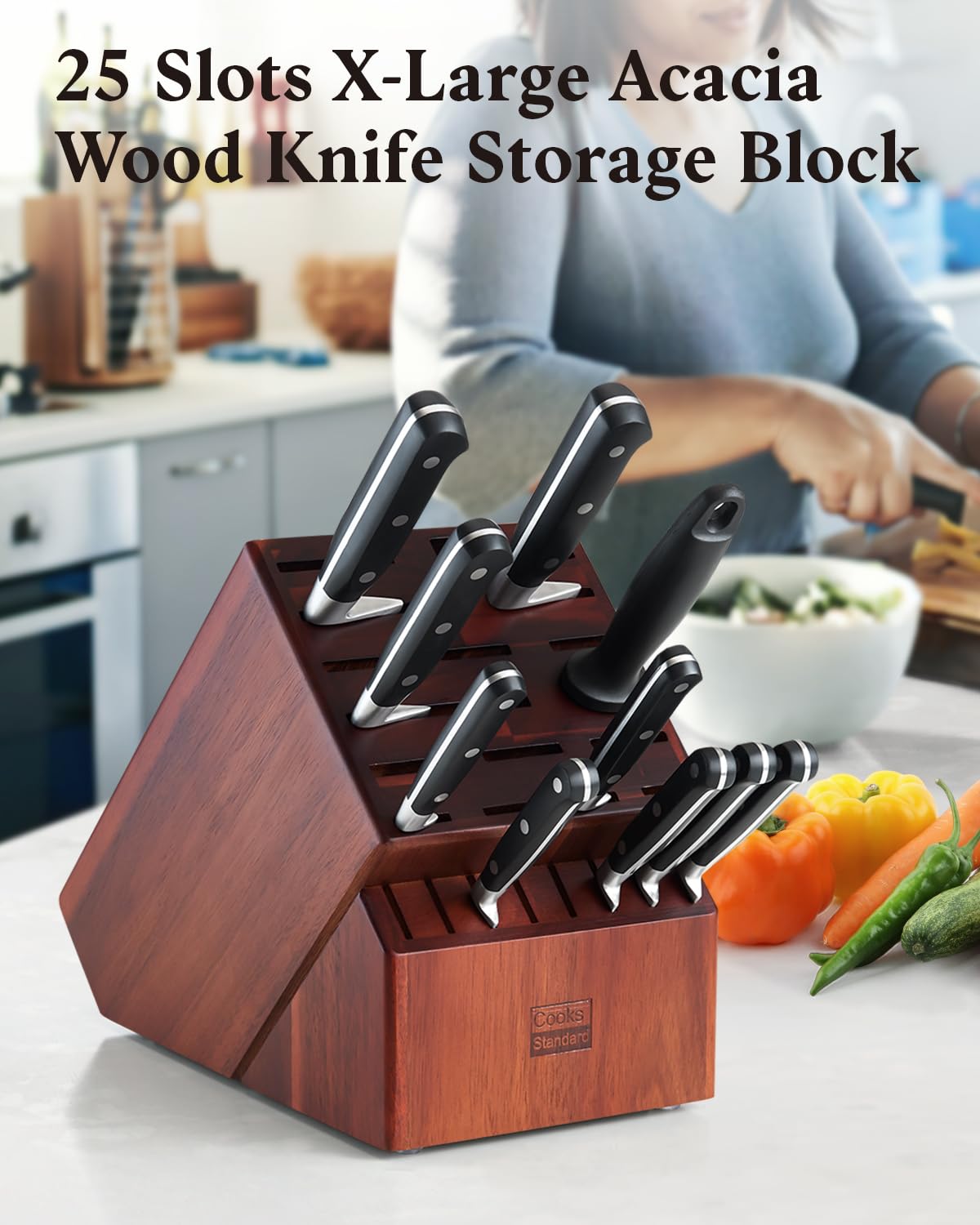 Cooks Standard Acacia knife block with wide slots supports easy knife retrieval.