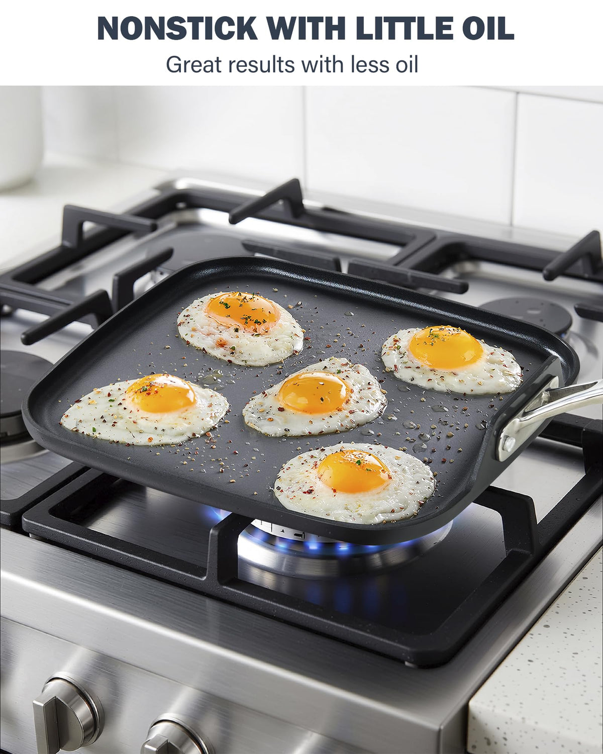Cooks Standard oven-safe griddle up to 500°F enables finishing dishes safely.