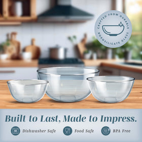 COOK WITH COLOR nestable borosilicate glass bowls, durable for mixing and serving.