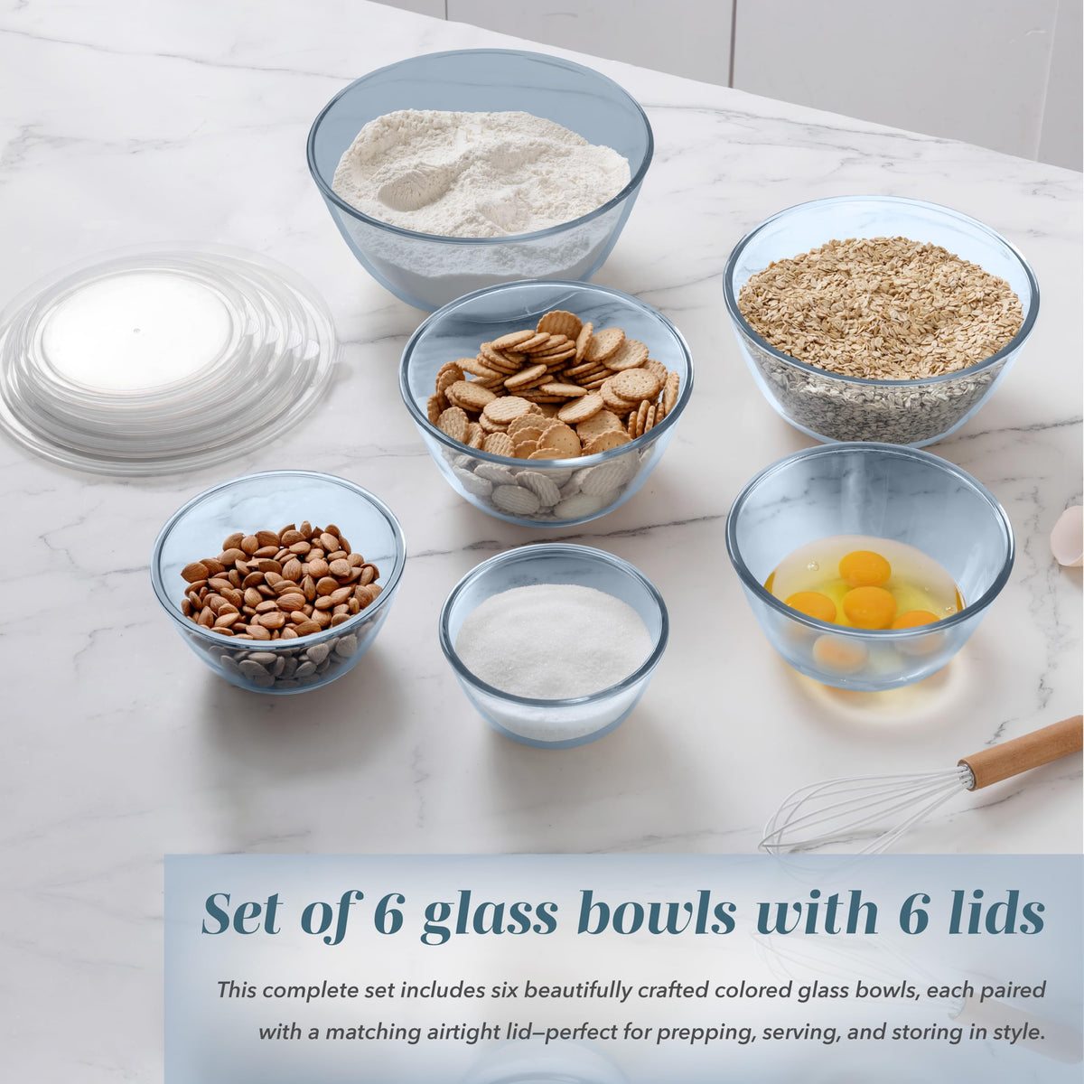 COOK WITH COLOR glass bowls ready for salads and sides with secure lids.