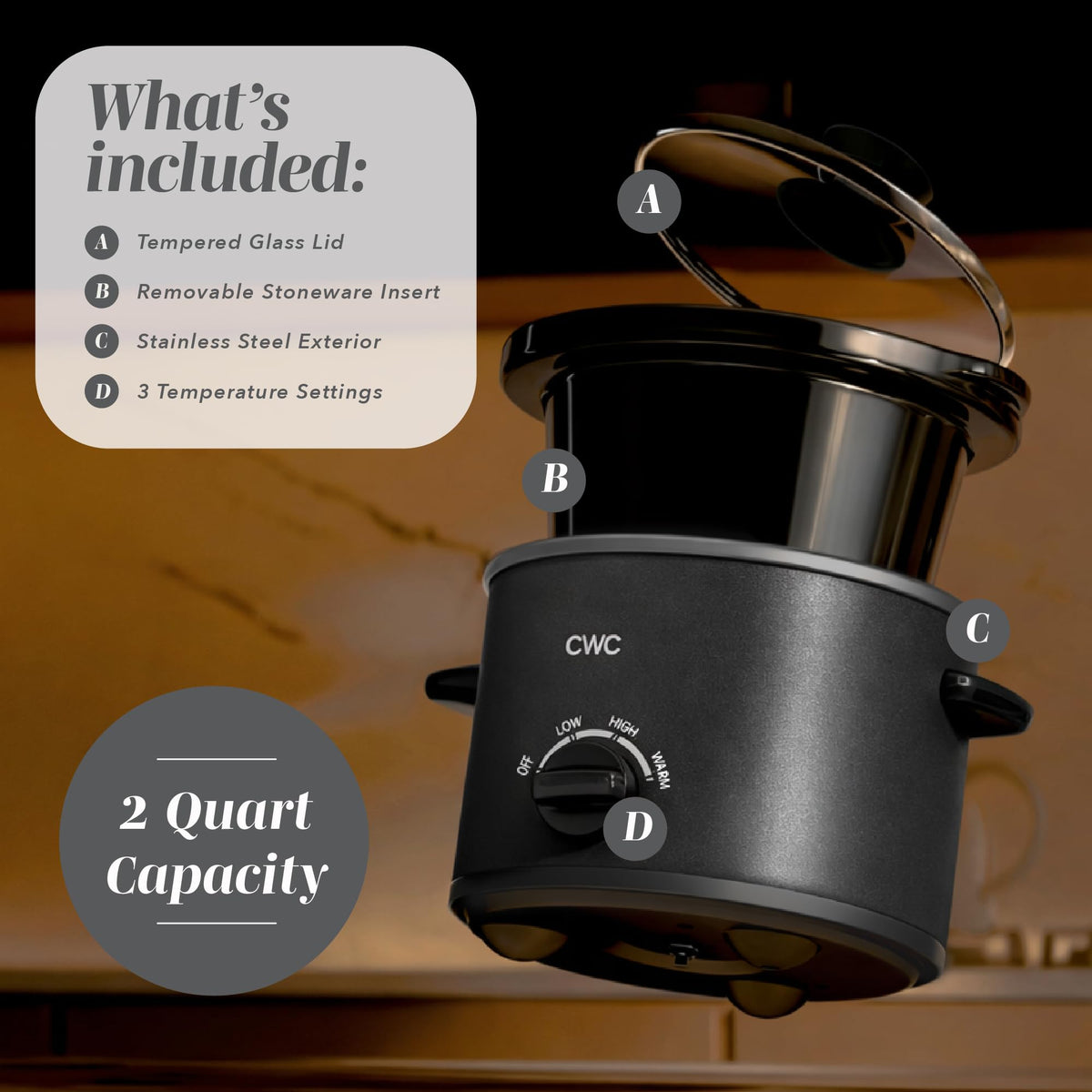 COOK WITH COLOR 2QT mini slow cooker side handle view, easy and safe transport.