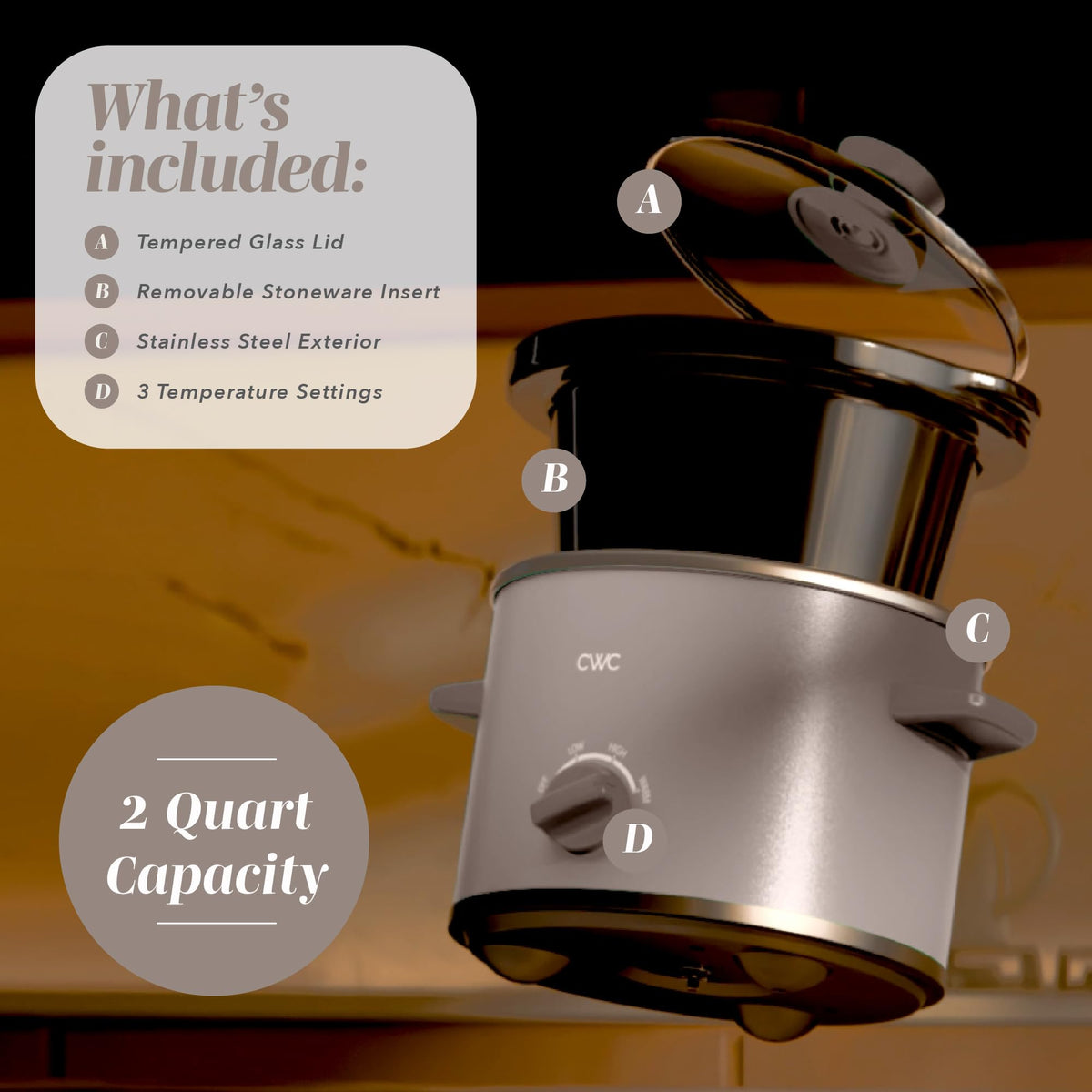 COOK WITH COLOR slow cooker control panel demonstrates 3 heat settings for versatile cooking.