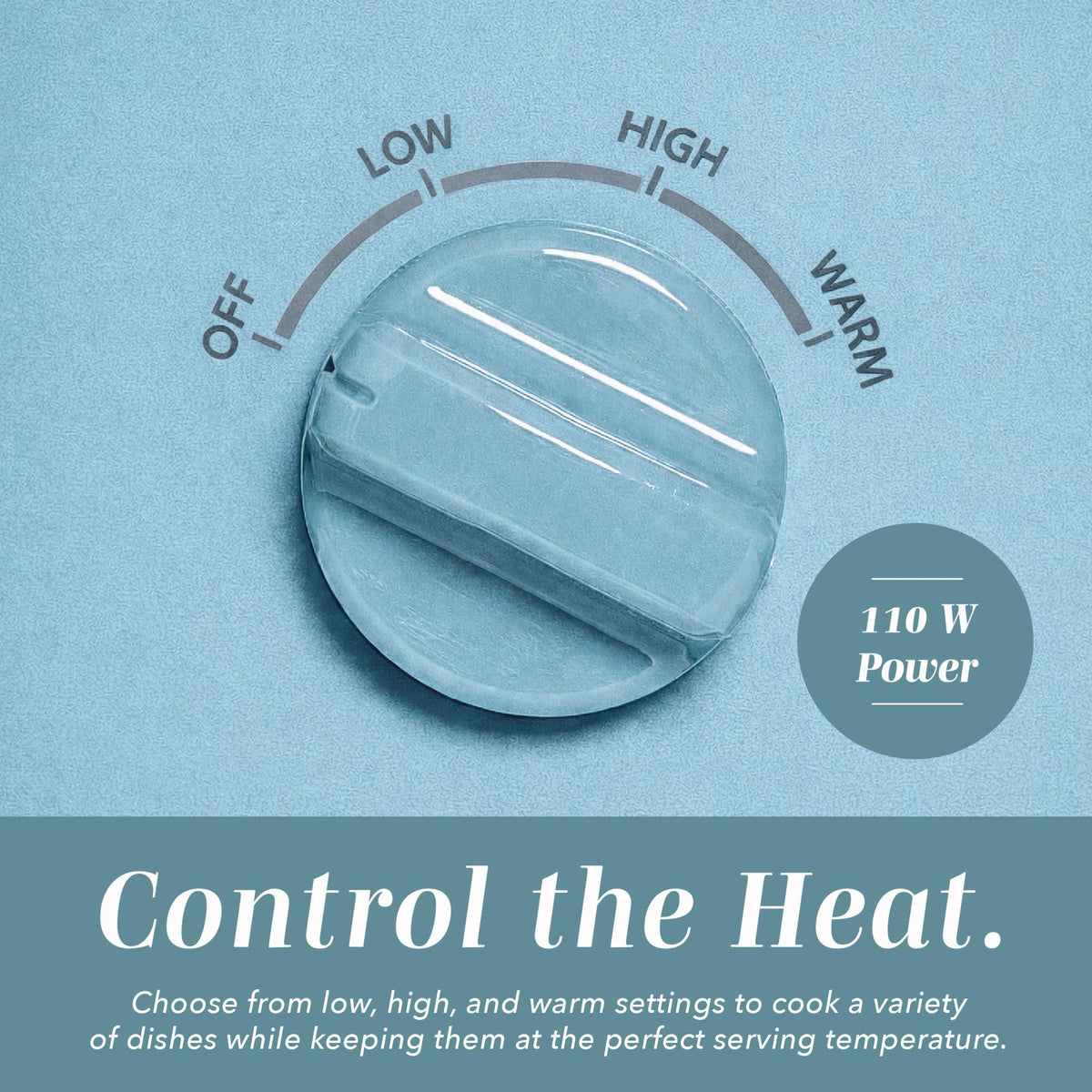 COOK WITH COLOR 2QT slow cooker shows three heat settings for versatility.