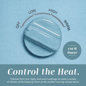 COOK WITH COLOR 2QT slow cooker shows three heat settings for versatility.
