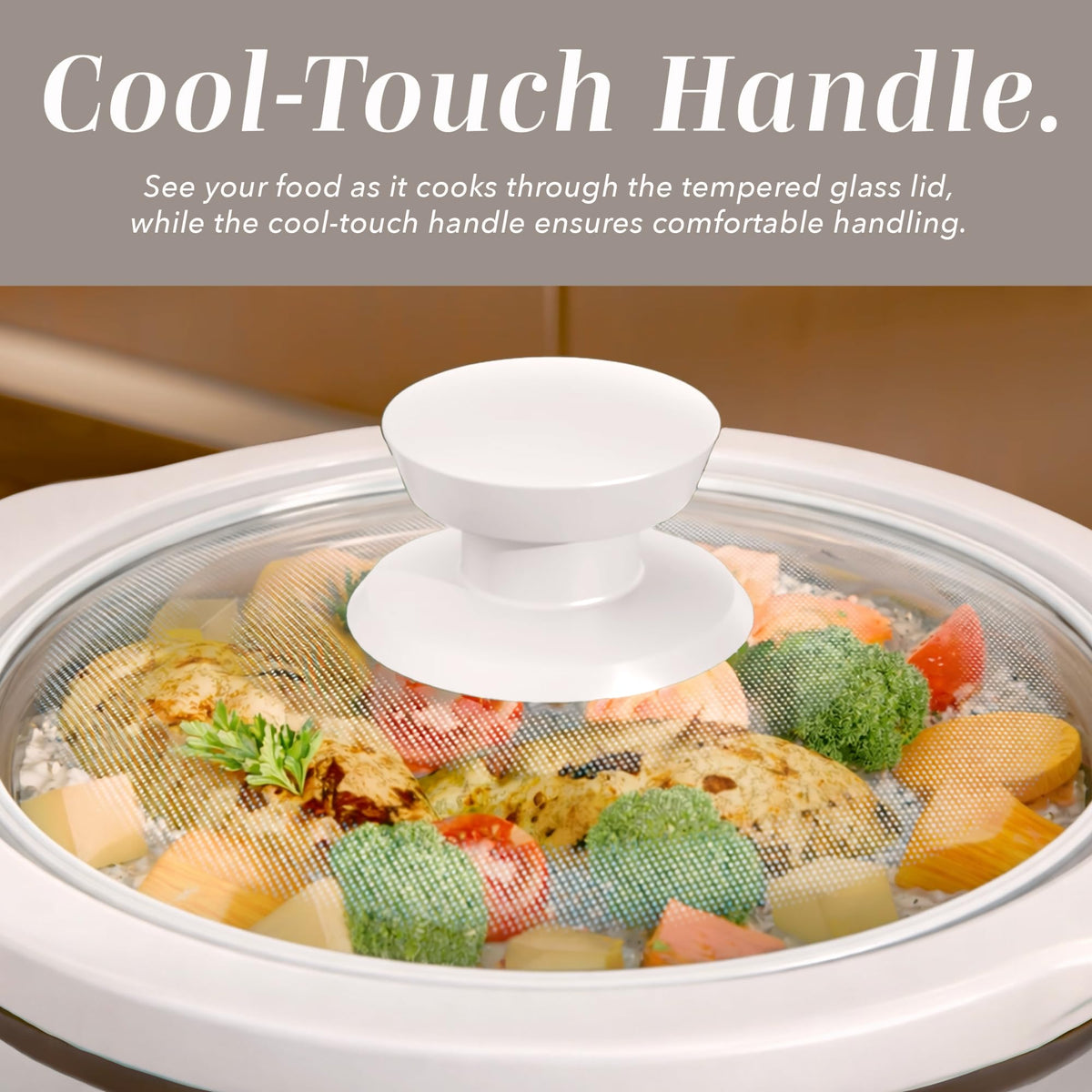 COOK WITH COLOR 2QT mini slow cooker in use showing low high and warm settings for versatility