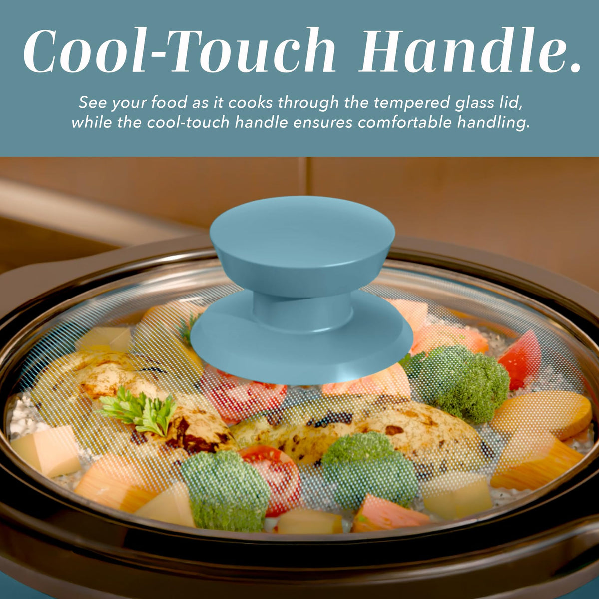 COOK WITH COLOR 2QT slow cooker energy-efficient design at 120V 110W.