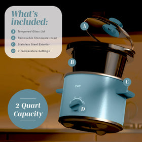 COOK WITH COLOR 2QT slow cooker removable stoneware pot ready for easy cleanup.
