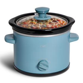 COOK WITH COLOR 2QT slow cooker slate blue on counter, compact for small meals.