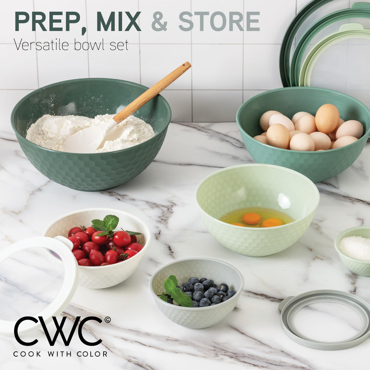 COOK WITH COLOR six prep bowls and lids demonstrating versatile meal prep