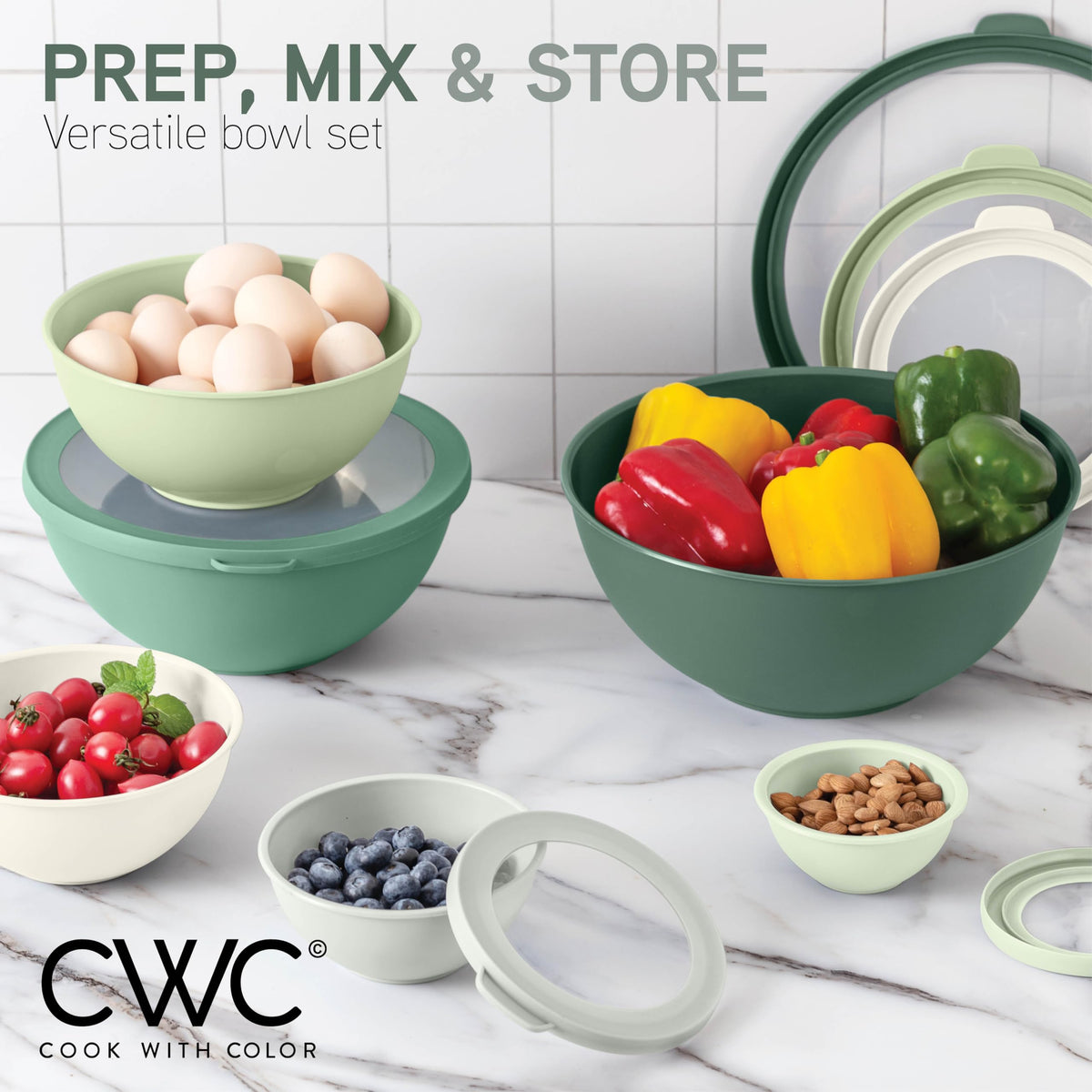 Cook With Color 12-piece set with six prep bowls and lids.