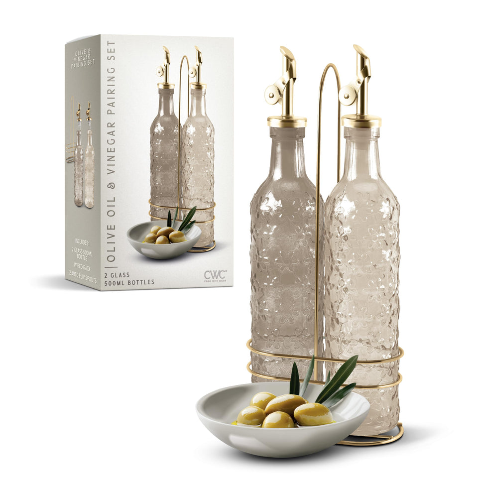 COOK WITH COLOR glass olive oil bottle with drip-free spout for clean pours.