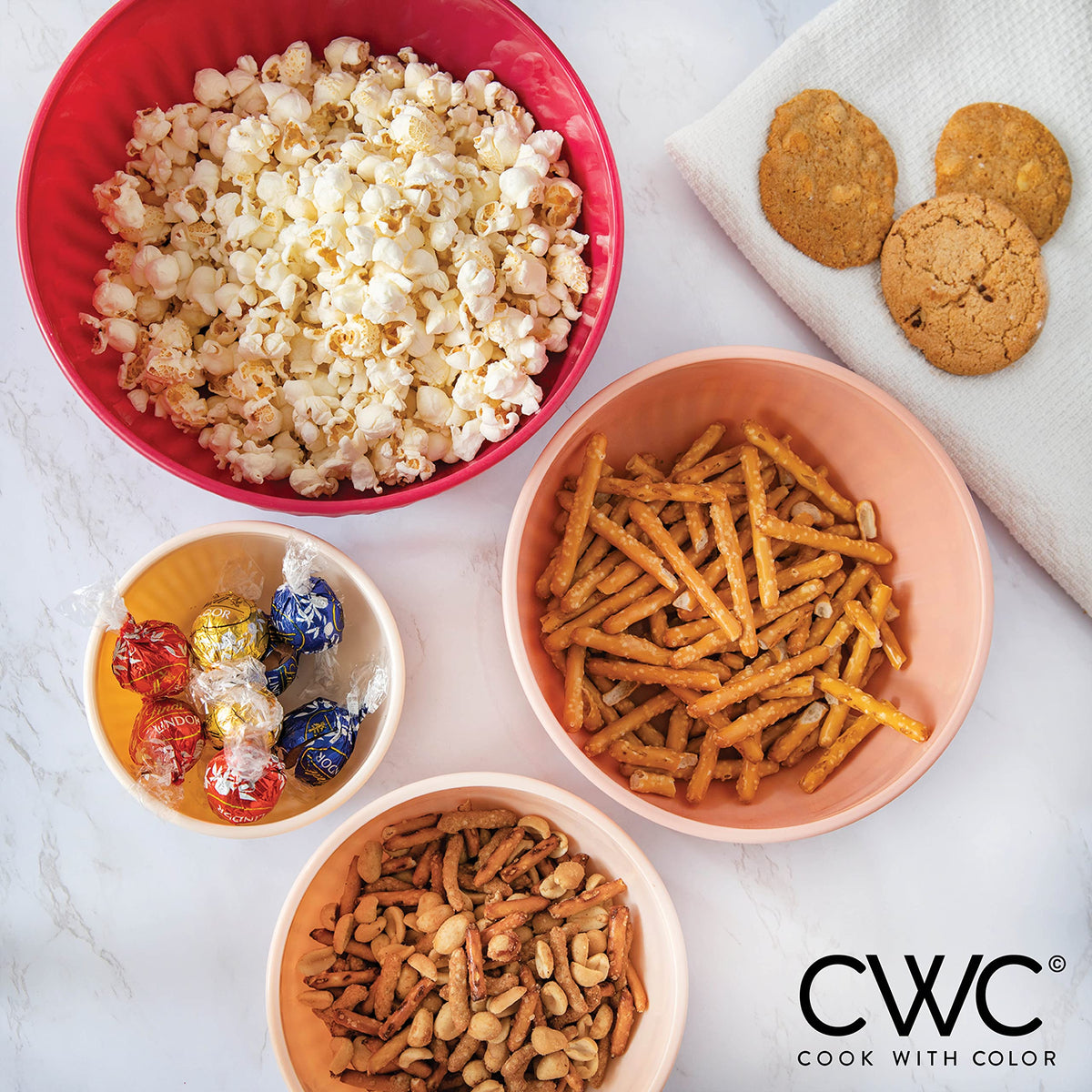Cook with Color BPA-free dishwasher-safe bowls for safe cleanup.