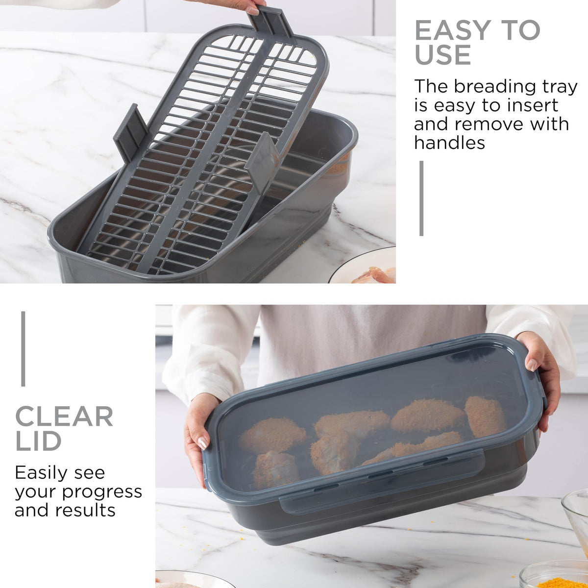 Cook With Color breading bowl with lid keeps ingredients contained.