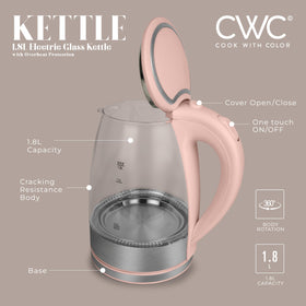 COOK WITH COLOR electric tea kettle blush side view, 360-degree base for easy pouring.