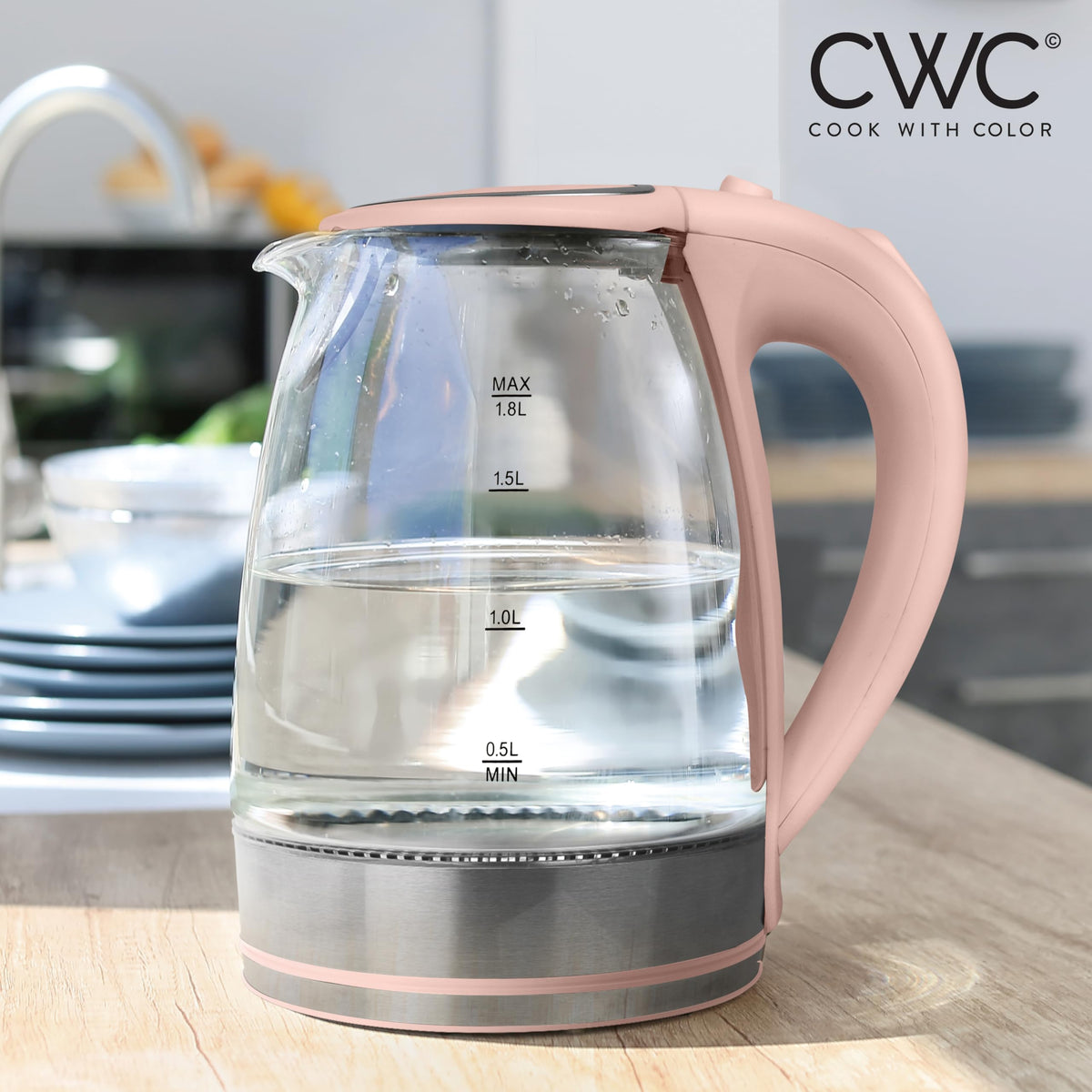 COOK WITH COLOR electric tea kettle borosilicate glass, durable heat resistance for safe boiling.