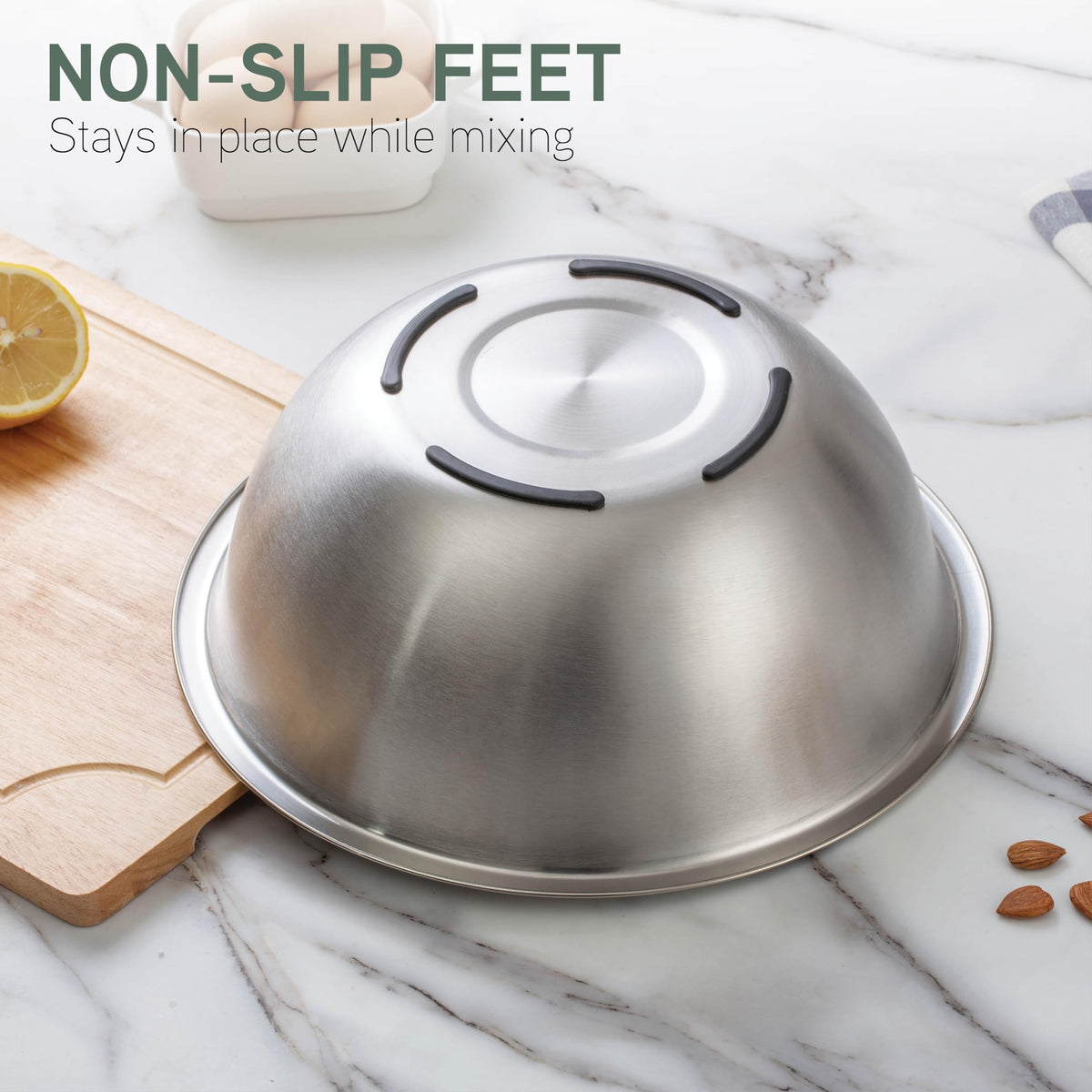 Sturdy flat-bottom design keeps bowls stable during mixing tasks.