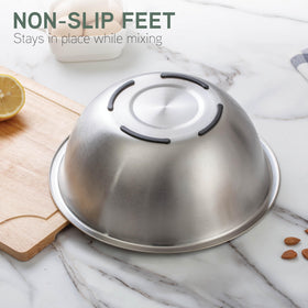 Sturdy flat-bottom design keeps bowls stable during mixing tasks.