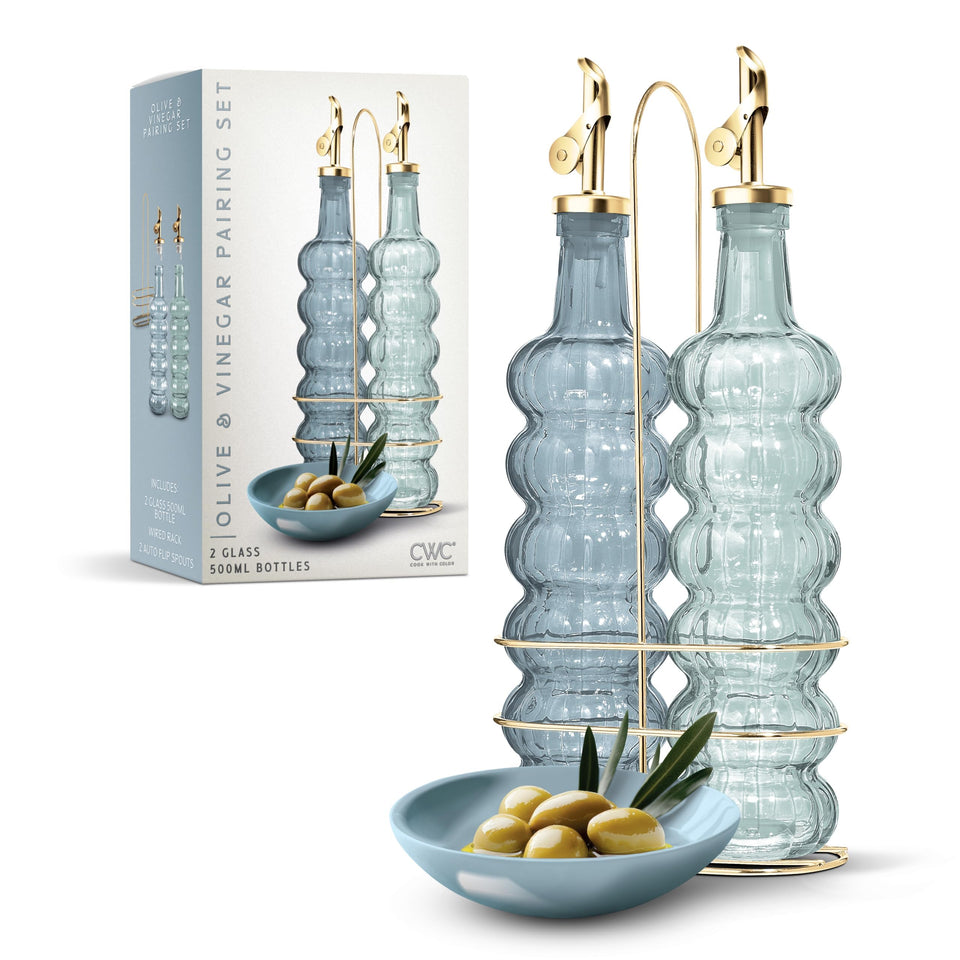 COOK WITH COLOR glass olive oil bottle with blue waves for drip-free pouring