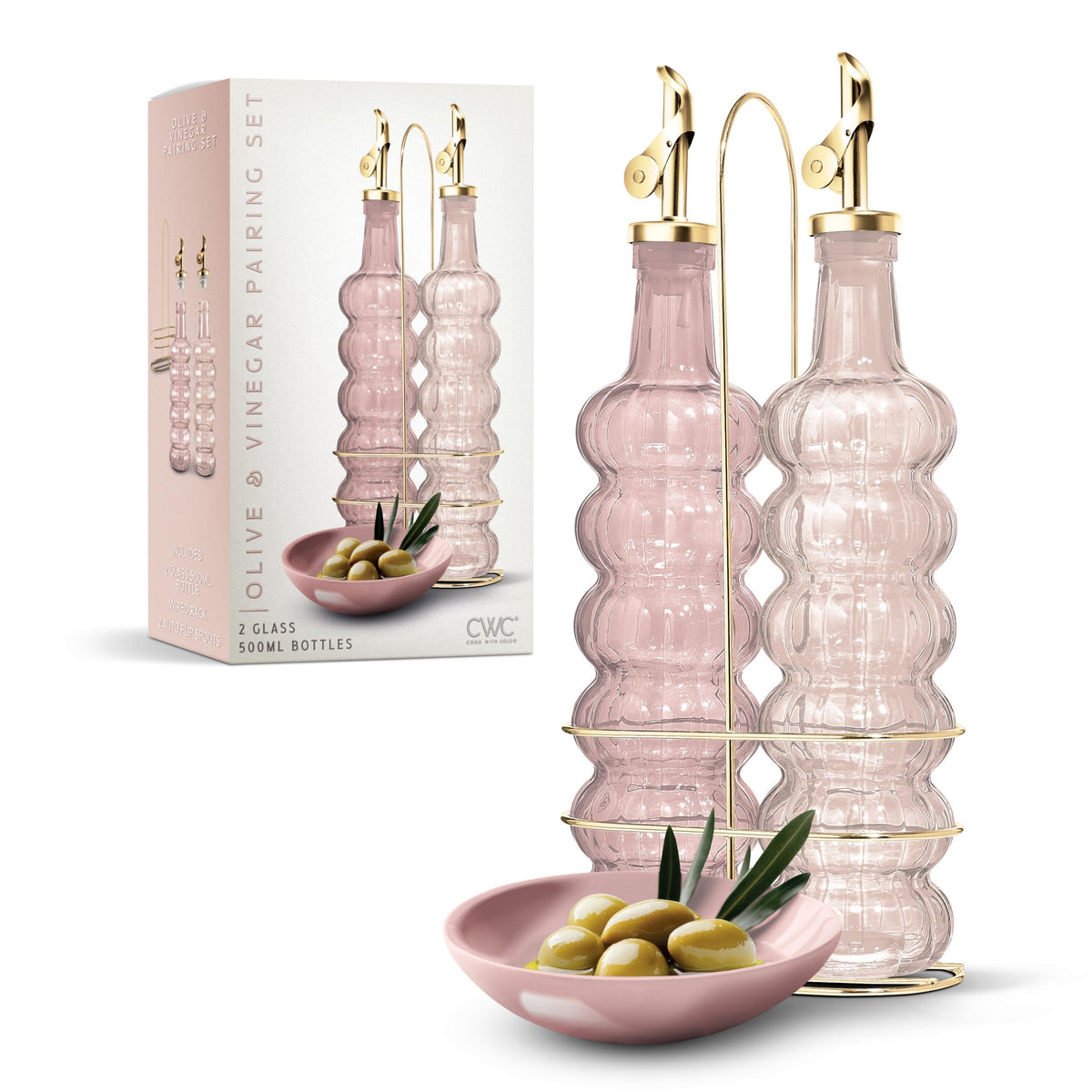 COOK WITH COLOR glass olive oil bottle pink 2-pack with elegant waves for easy pouring.