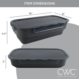 Cook With Color lid with locking clamps secures crumbs during seasoning.