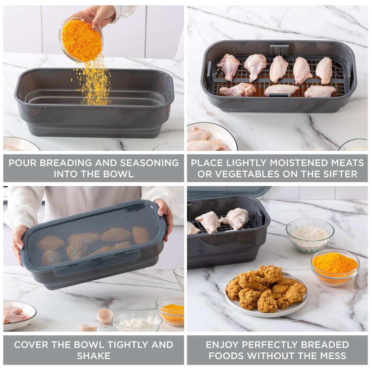 Cook With Color mess-free breading tray supports even coating for fried chicken.