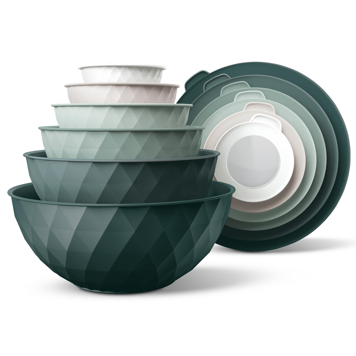 COOK WITH COLOR mixing bowls 12-piece set shown for space-saving nesting.