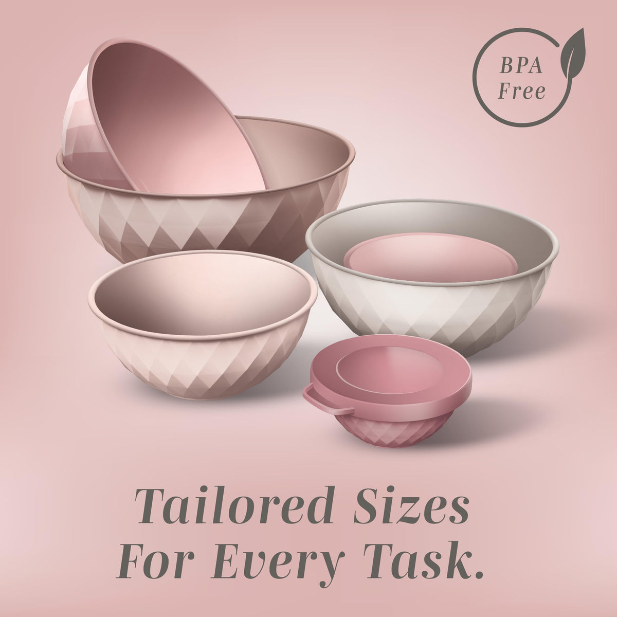 Cook with Color Mixing Bowls Pink Diamond capacities chart shows varied sizes for tasks