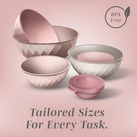 Cook with Color Mixing Bowls Pink Diamond capacities chart shows varied sizes for tasks