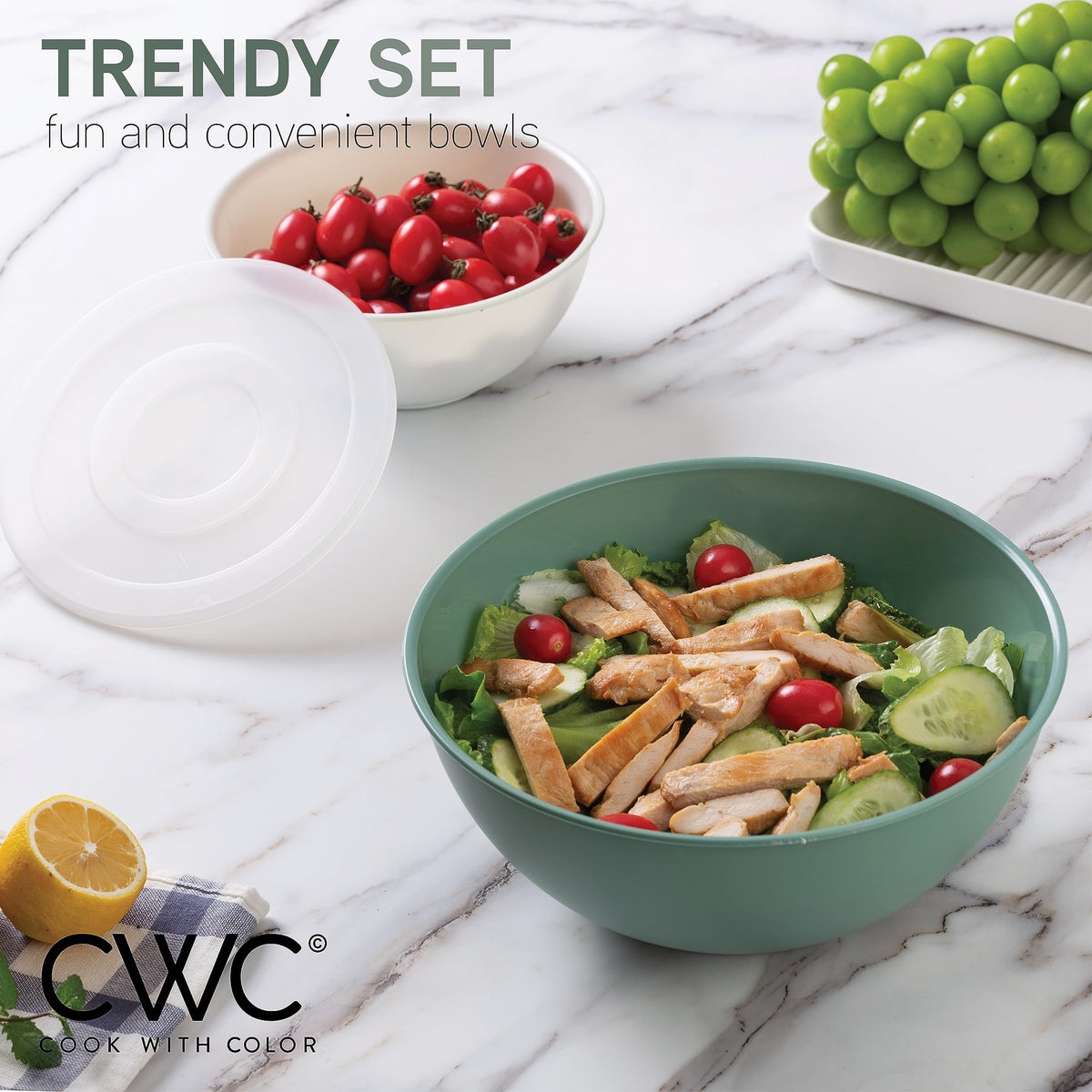 Cook With Color six bowls with lids ready for meal prep and storage.