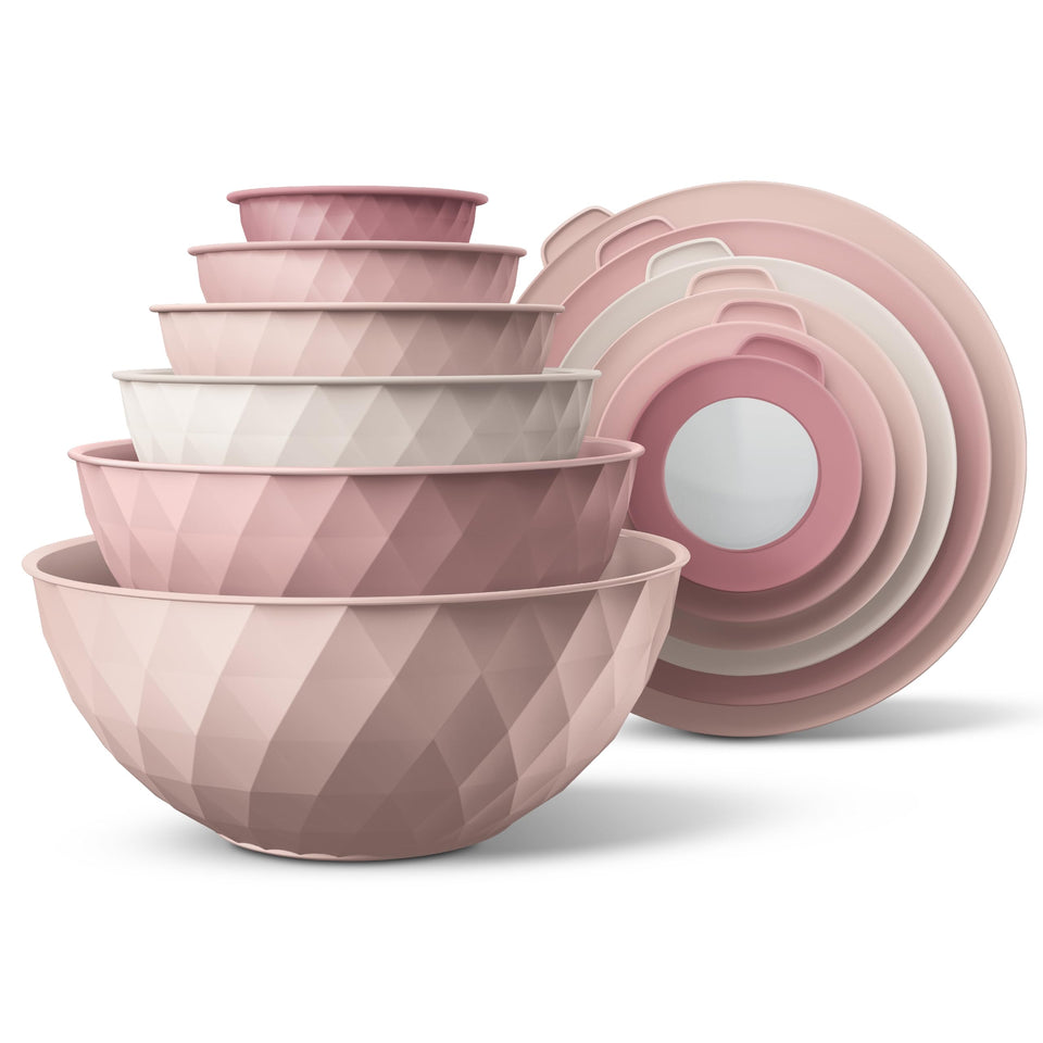 Cook with Color Mixing Bowls Pink Diamond assembly view highlighting nesting design for compact storage