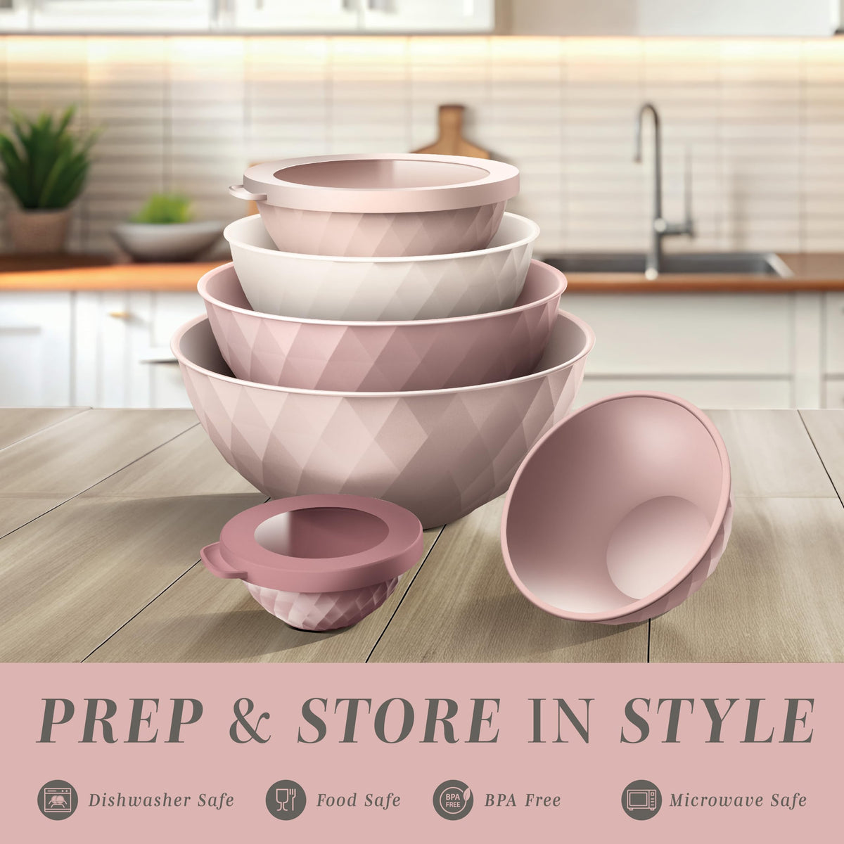 Cook with Color Mixing Bowls Pink Diamond nesting feature for space-saving organization